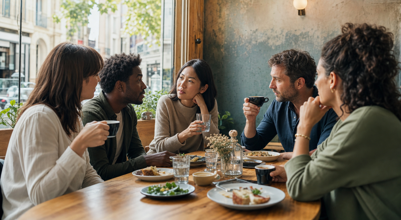 Professionals sharing a meal in a cafe